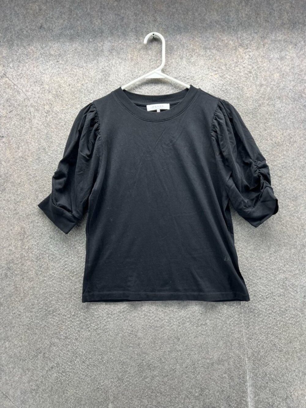 FRAME Shirt Women M/L Black Crew Neck 3/4 Puff Sleeve Jersey Knit Top Casual